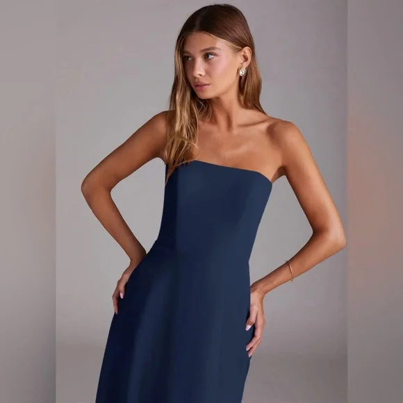 Azazie Wren Dark Navy A-Line Side Slit Chiffon Dress - Picture 6 of 13